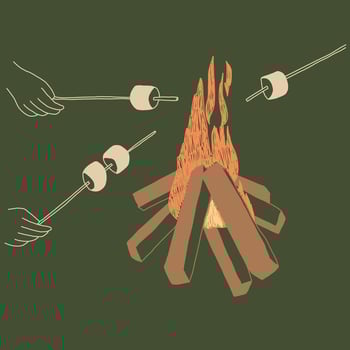 Campfire with hand silhoutte roasting marshmallow bonfire illustration autumn theme isolated vector