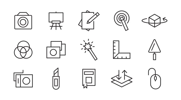 Art line icon set. Books, child, kindergarten, kid, cognitive, learn, various painting, tools, paint, creativity, graphic design, art line icon set. vector