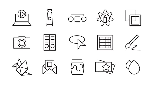 Art line icon set. Books, preschool, kindergarten, child, kid, cognitive, learn, painting, tools, paint, creativity, graphic design, art line icon set. vector