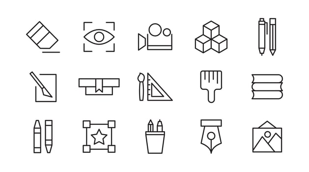 Art line icon set. Books, preschool, child, kindergarten, kid, cognitive, learn, various painting, tools, paint, creativity, graphic design. vector
