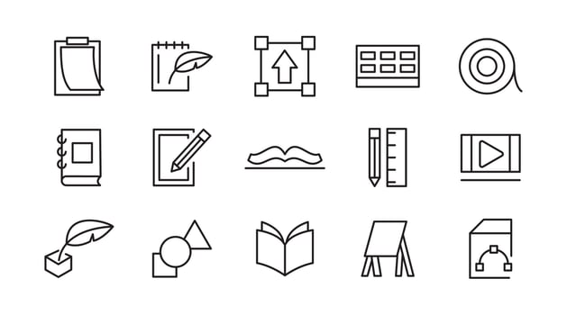 Art line icon set. Books, preschool, child, kindergarten, kid, cognitive, learn, various painting, tools, paint, creativity, graphic design, art line icon set vector