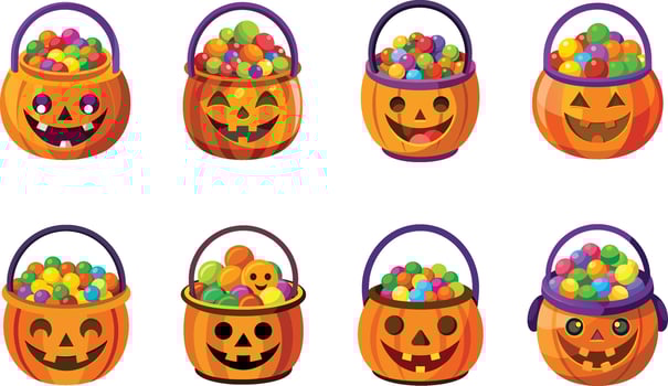 Halloween candy bucket set with pumpkin faces vector