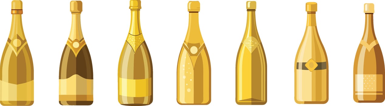 A collection of seven golden champagne bottles in a illustration vector