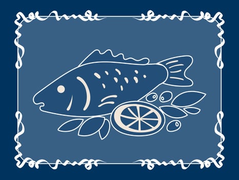 Blue Vintage Fish and Lemon. Graphic Retro Style Sea Food Fish Animal Art. Cafe Restaurant Menu Print. Mediterranean Coastal Life Style. Ocean Resort Travel vacation Holiday Decoration. Lace Frame. vector