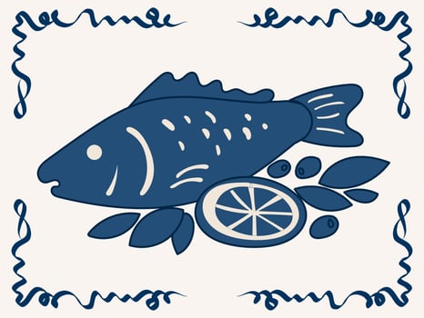 Blue Vintage Fish Illustration. Graphic Retro Style Sea Food Fish Animal Art. Cafe Restaurant Menu Print. Mediterranean Coastal Life Style. Ocean Resort Travel vacation Holiday Decor. Lace Frame. vector