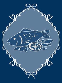 Blue Vintage Fish Illustration. Graphic Retro Style Sea Food Fish Animal Art. Cafe Restaurant Menu Print. Mediterranean Coastal Life Style. Ocean Resort Travel vacation Holiday Decoration. Lace Frame. vector
