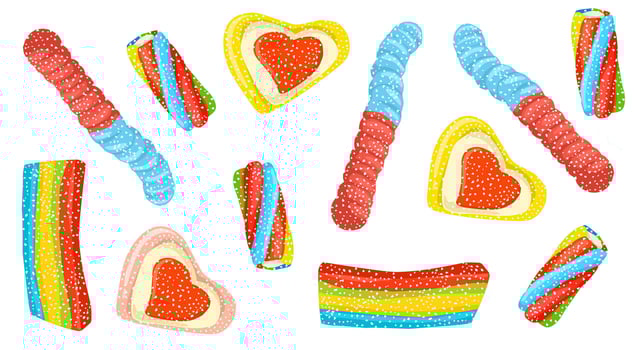 Colorful chewy candy heart shape stripes issolated on white background vector