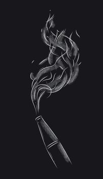 Hookah hose with steam for smoking shisha drawing in vintage graphic style with white on black background vector