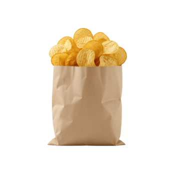 Crispy potato chips overflowing a brown paper bag, a simple treat on transparent space png