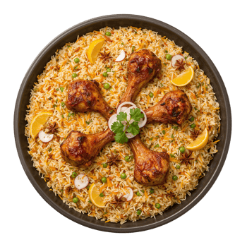 Exquisite chicken biryani presentation with vibrant spices and lemon slices on transparent setting png
