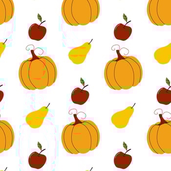 Design featuring colorful pumpkins, apples, and pears arranged in a lively pattern against a white background vector