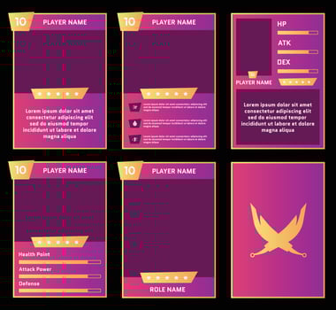 Editable Fantasy RPG Game Card Templates with gradient pink and red color for Player Profile, Character Stats, and Role Information UI Design for Trading Card and Board Games vector