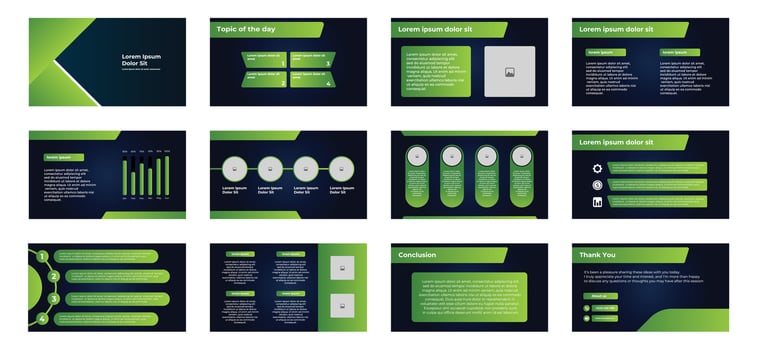 Modern Business Presentation Slide Templates with dark and green color. Editable Corporate Layout with Infographics, Charts, and Minimal Design for Professional Reports vector