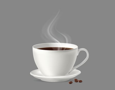 Steaming coffee cup with coffee beans vector