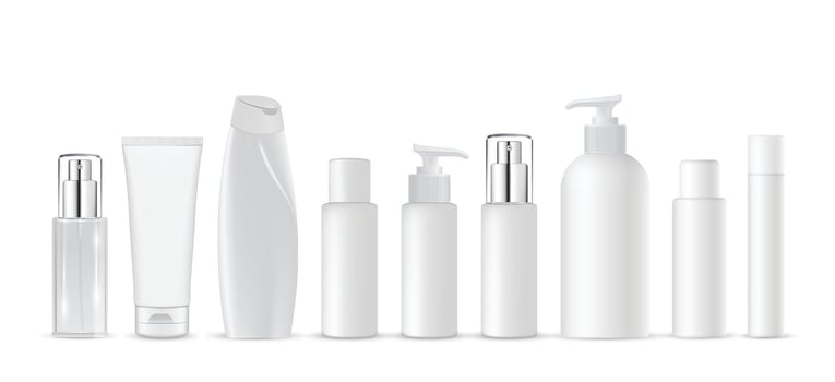 White cosmetic bottles and tubes lined up vector