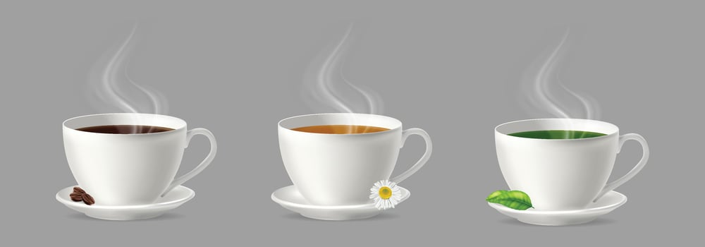 three steaming cups of tea and coffee vector