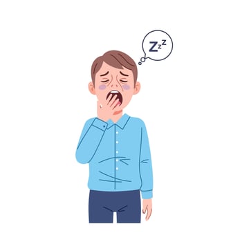 Young man with tired eyes yawning widely, covering mouth with hand. vector