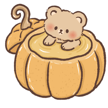 Adorable brown bear sitting inside a round pumpkin filled with creamy dessert in a cute autumn illustration style perfect for seasonal food art and cozy fall themes for prints stickers and decor png