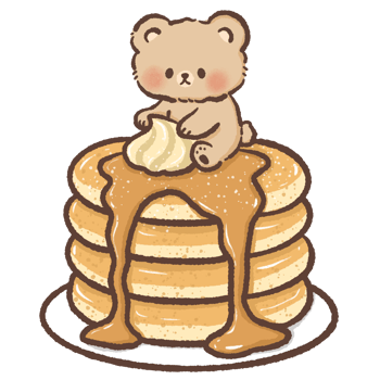 Cute kawaii bear sitting on fluffy pancake stack with butter and syrup dessert illustration for cafe bakery food art prints stickers scrapbooking and digital projects png