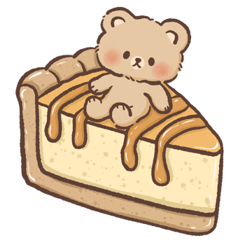 Sweet kawaii bear sitting on slice of caramel cheesecake dessert illustration perfect for bakery branding cafe menu stickers scrapbooking prints and digital design projects png
