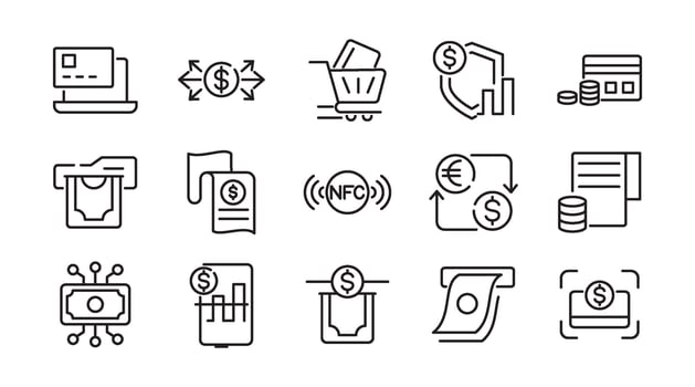 Payments line icon set. money, receipt, invoice, document, atm, cash, coins, credit card, wallet, savings, finance, growth, investments line icon. vector