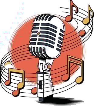 Vintage Microphone with Musical Notes and Circular Lines Illustration Art vector
