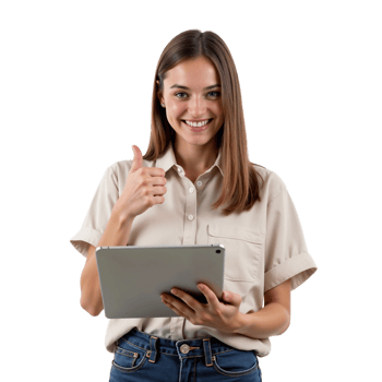 A woman holding a tablet computer and giving the thumbs up png