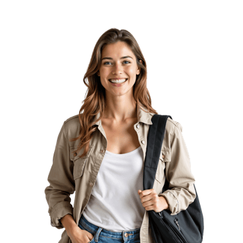 Smiling woman with backpack png