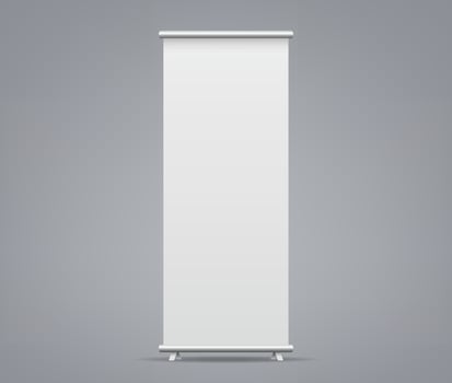 3d Roll up banner stand isolated on white backgrounds. blank display mockup for presentation, exhibition product template vector