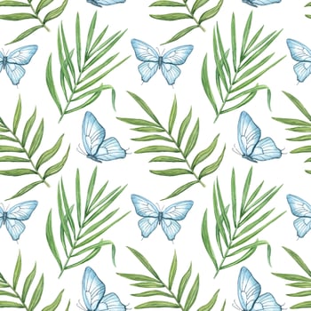 blue butterflies and green leaves pattern vector