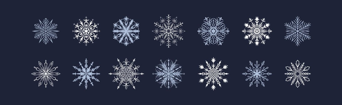 Blue, white, silver snowflakes on black background. New Year and Merry Christmas luxury design elements. Sparkle festive illustration. Winter holiday graphic decor. Ice, freeze, frost drawing vector