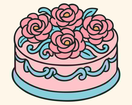 Round cake with 90s buttercream roses. isolated illustration vector