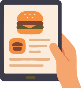 illustration of a hand holding a tablet displaying a digital menu png