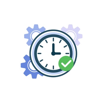 Time Management Efficiency Optimization with Gears and Confirmation Tick Symbolizing Successful Task Completion vector