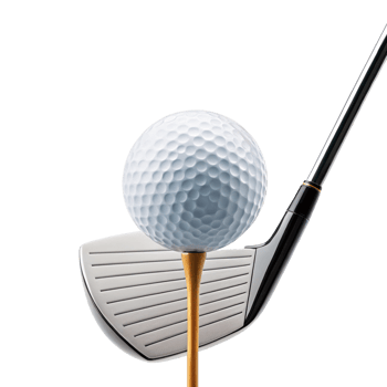 A golf ball on tee with club ready to swing, isolated on transparent background png