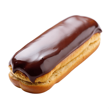 Classic chocolate eclair with smooth chocolate glaze on top and creamy custard filling visible at the edges, glossy finish, isolated on a transparent background png