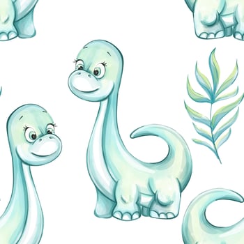 Delightful cartoon dinosaurs in soft pastel colors are set against a white background, forming a seamless pattern ideal for wallpaper or fabric used in playful environments. vector