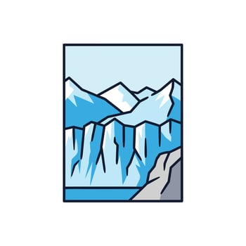 Stylized illustration of an arctic glacier landscape with snowy mountains. vector