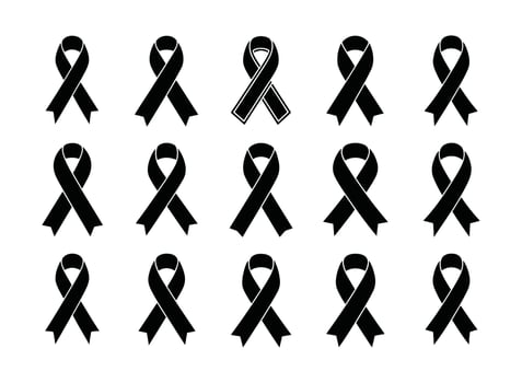 Fifteen black awareness ribbons arranged in three rows on white background symbol support vector