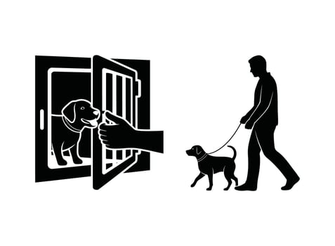 Dog exiting kennel with person walking dog on leash canine animal vector