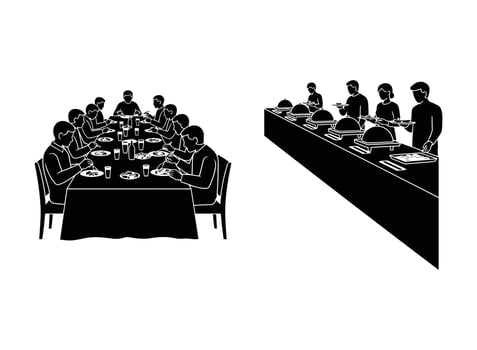 People dining at a table and serving food from a buffet vector