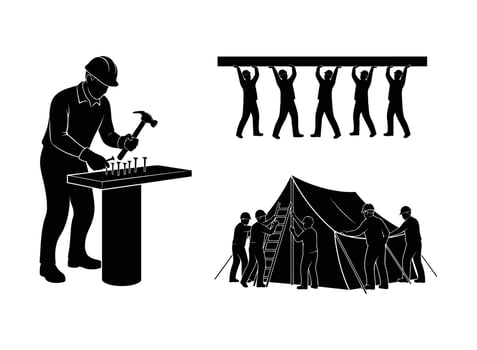 Construction workers building tent and hammering nails teamwork silhouette vector