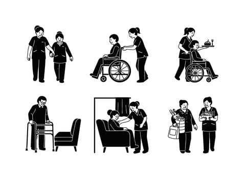 Elderly care assistance with walking wheelchair food and groceries vector