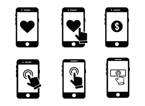 Six black smartphone icons with touch gestures and symbols mobile technology vector