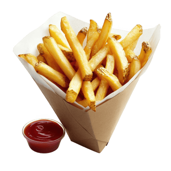 French fries in paper container with ketchup png