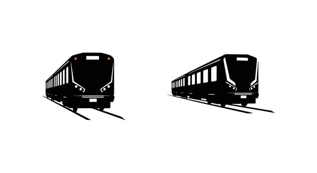 Two black and white images of a train on the tracks vector