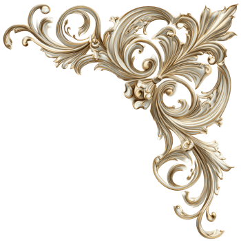 Baroque style ornamental corner with intricate swirling leaves and floral motifs in gold and cream tones, elegant decorative design with luxurious and classic feel png