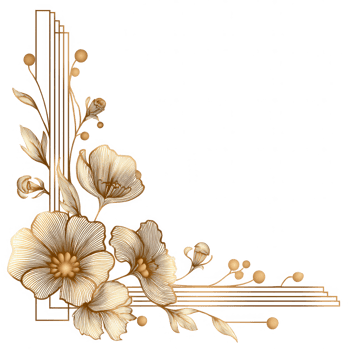 Golden floral corner with elegant art deco style lines and delicate flowers creating vintage decorative design with luxurious and refined feel for ornamental use png