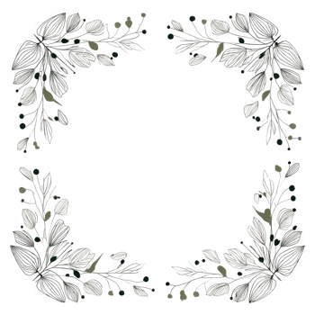 Elegant foliage border with delicate botanical leaves and small berries arranged in symmetrical corner frame, featuring fine linear details and soft muted green tones for natural look png