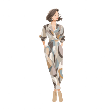 Woman wearing stylish abstract pattern jumpsuit with rolled sleeves and beige ankle boots, accessorized with gold earrings and necklace, standing confidently png